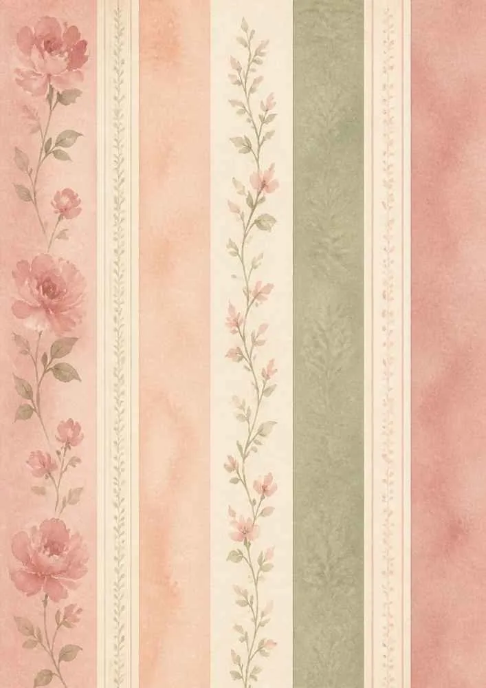 Pink floral vines and roses between pastel striped sections.