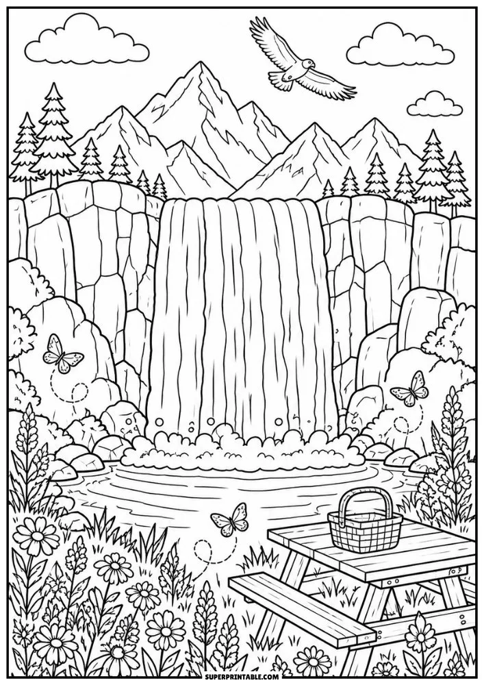 Mountain waterfall with wildflowers, butterflies, a picnic table, and an eagle overhead.