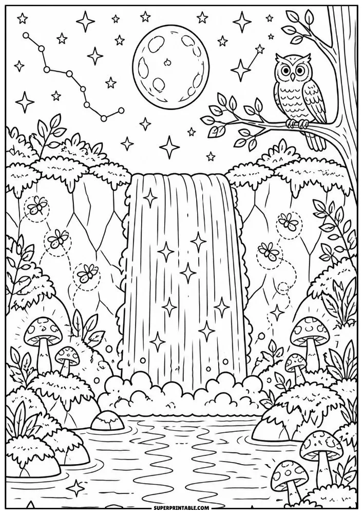 Moonlit waterfall with stars, an owl, mushrooms, and a calm forest pond.