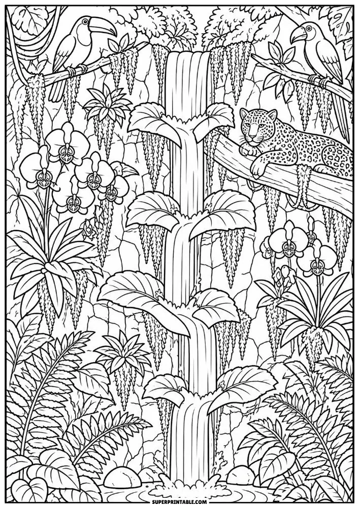 Rainforest waterfall with toucans, a resting big cat, orchids, and tropical plants.