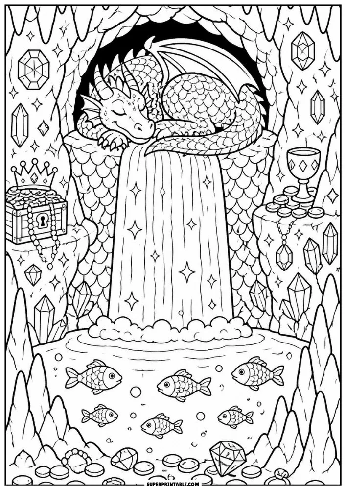 Sleeping dragon above a waterfall in a cave filled with treasure, gems, and fish.