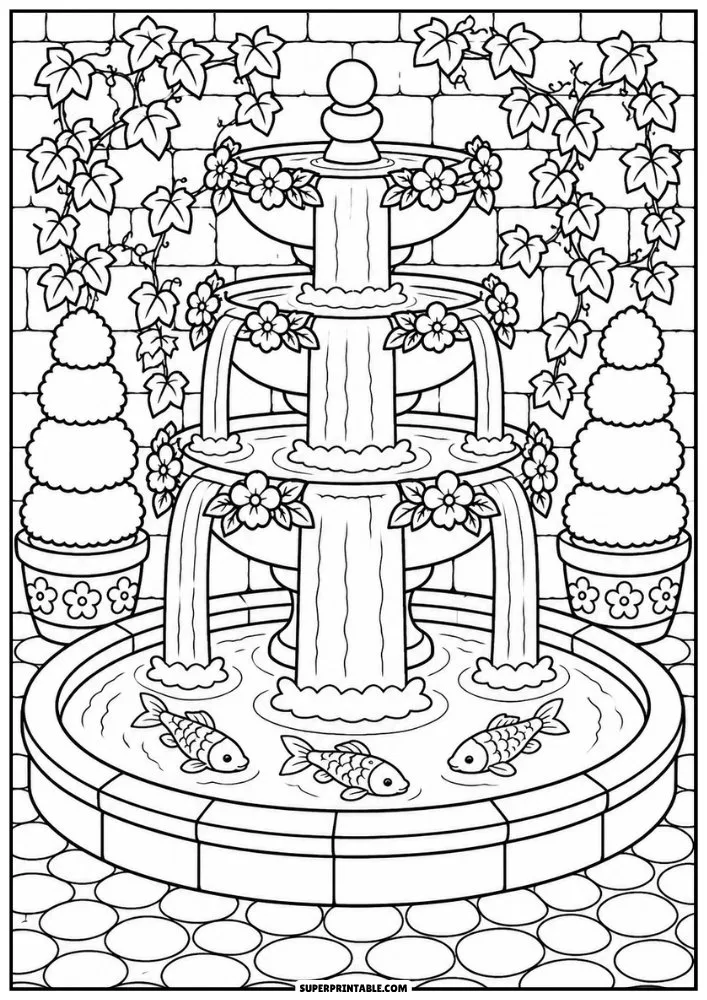 Multi-level garden fountain with flowers, fish, stone paths, and climbing vines.