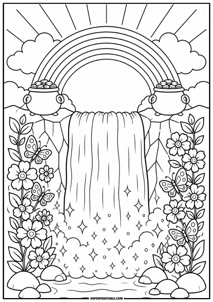 Waterfall beneath a rainbow with pots of gold, flowers, butterflies, and sparkling water.
