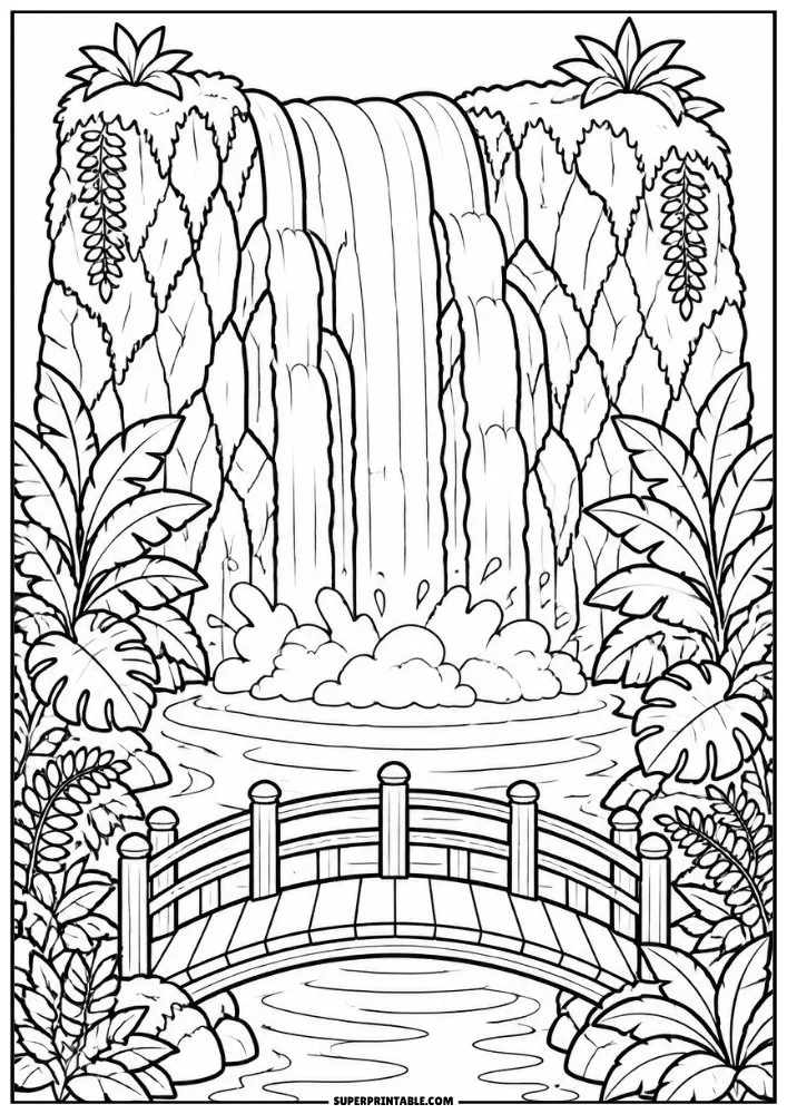 Tropical waterfall surrounded by large plants with a wooden bridge crossing a calm stream.