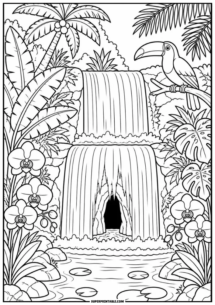 Tropical waterfall with a toucan, palm trees, flowers, and a hidden cave behind the water.