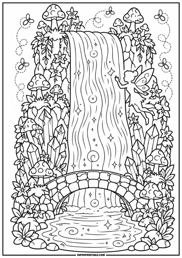 Enchanted waterfall with a fairy, crystals, flowers, mushrooms, and a stone bridge.