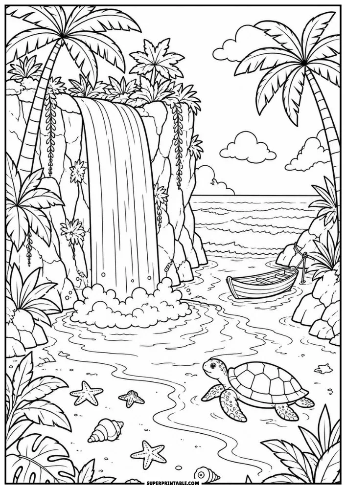 Coastal waterfall with a sea turtle, small boat, tropical plants, and ocean views.
