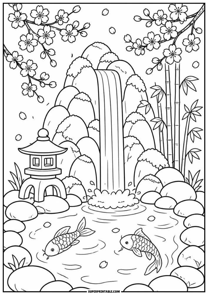 Japanese garden waterfall with bamboo, koi fish, stones, and flowering branches.