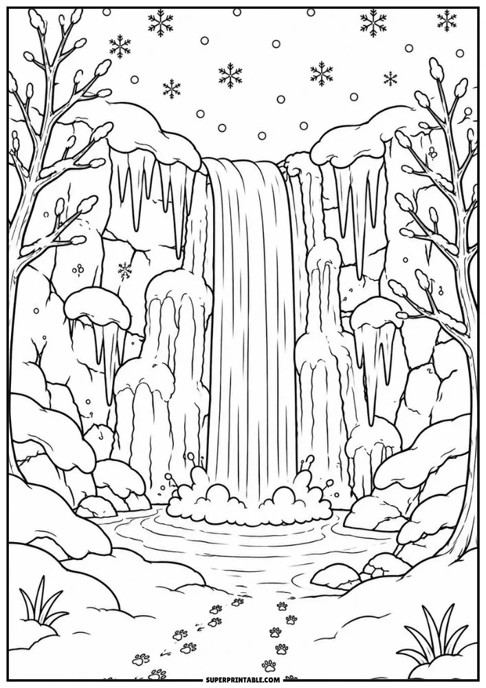 Winter waterfall surrounded by snow, icicles, snowflakes, and animal footprints.