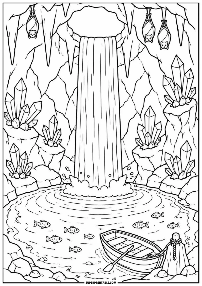 Cave waterfall with crystal formations, fish, a small boat, and rocky walls.