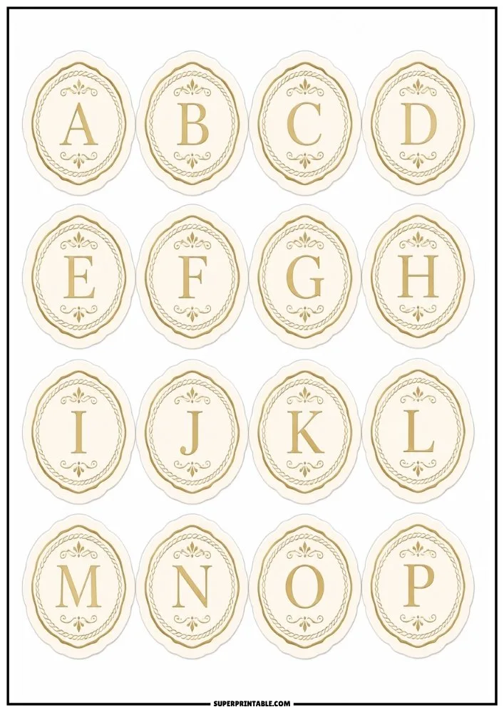 Elegant monogram alphabet stickers featuring gold letters A through P inside ornate oval frames.