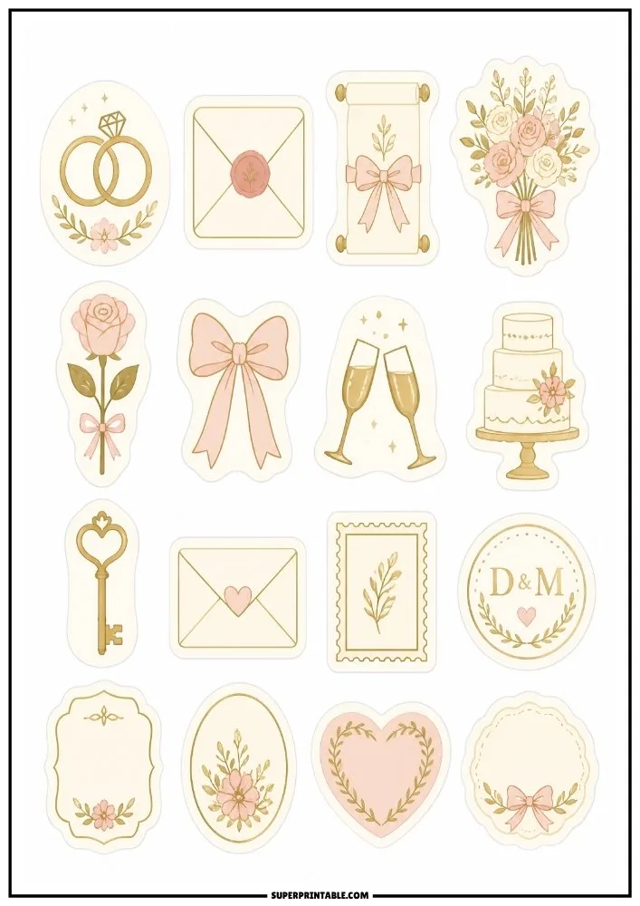 Wedding-themed stickers featuring rings, bouquets, envelopes, champagne glasses, cakes, keys, and romantic decorations.