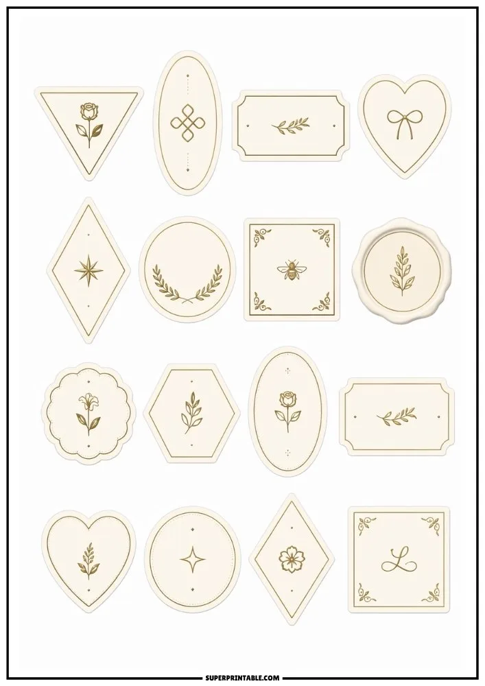Minimalist label stickers with floral motifs, hearts, geometric frames, decorative borders, and elegant blank labels.