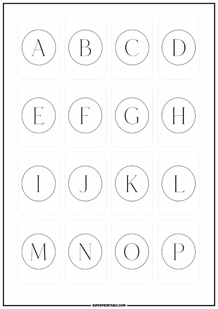 Minimal alphabet label stickers featuring letters A through P inside clean circular frames.