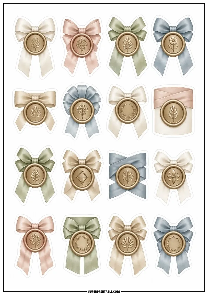 Vintage wax seal bow stickers featuring pastel ribbons, decorative seals, botanical emblems, and elegant accents.