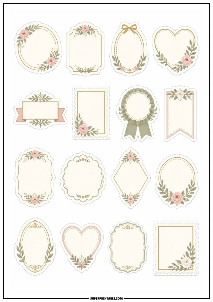 Floral label frame stickers with roses, greenery, decorative borders, bows, and blank writing spaces.