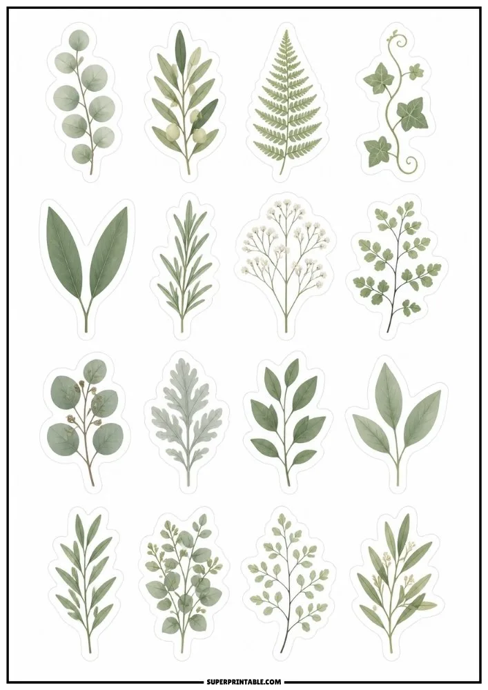 Botanical greenery stickers featuring eucalyptus leaves, ivy vines, ferns, branches, and natural foliage designs.