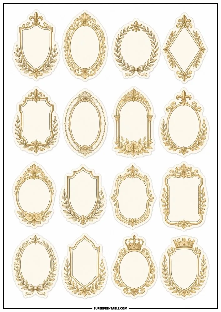 Luxury ornamental frame stickers featuring gold borders, decorative shields, floral frames, and elegant blank labels.