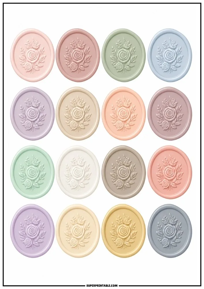 Pastel wax seal stickers featuring embossed floral rose patterns in soft pink, blue, green, lavender, and cream colors.