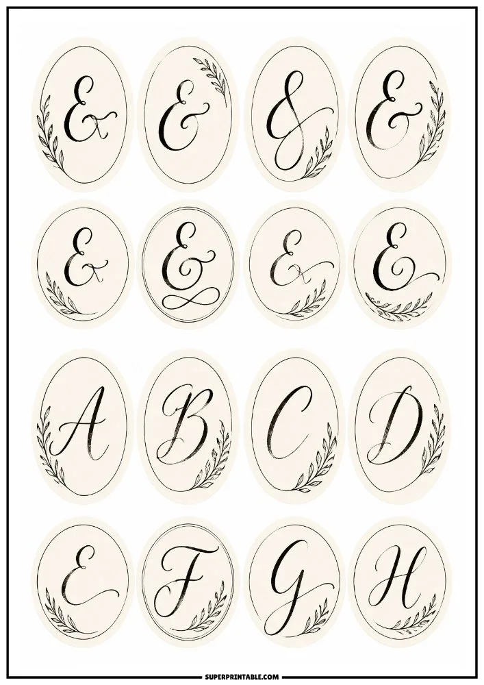 Calligraphy monogram stickers featuring decorative letters, ampersands, botanical flourishes, and elegant oval labels.