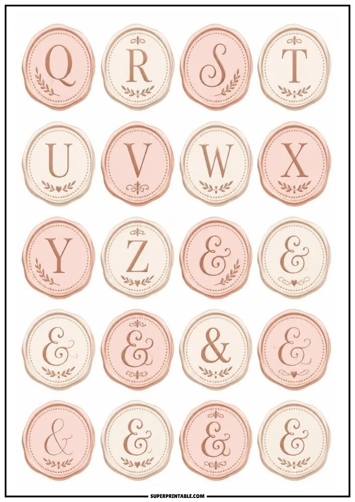 Elegant monogram stickers featuring letters Q through Z and decorative ampersand designs in blush and ivory tones.