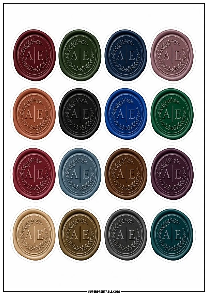 Luxury monogram wax seal stickers with personalized initials, laurel wreaths, and richly colored embossed seals.