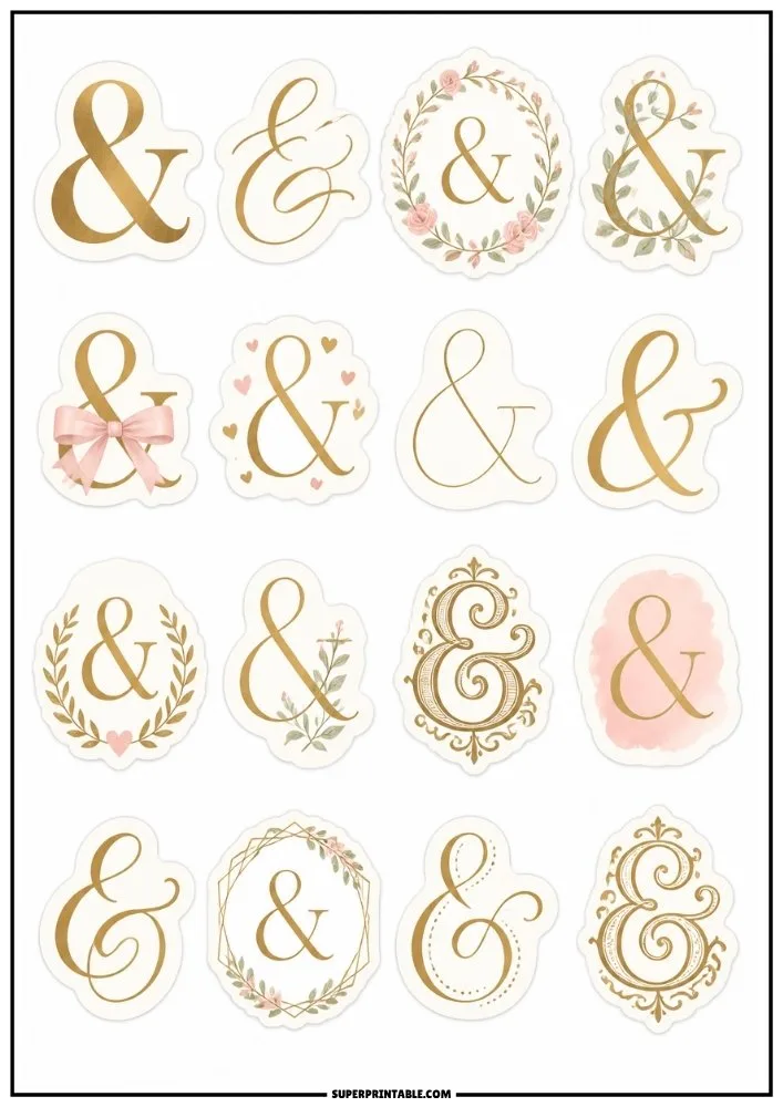 Decorative ampersand stickers with floral wreaths, bows, hearts, gold lettering, and elegant wedding-inspired designs.