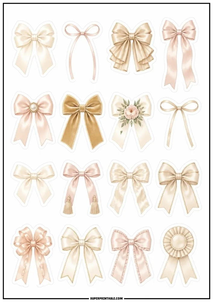 Luxury wedding bow stickers featuring satin ribbons, floral accents, tassels, and elegant pastel designs.