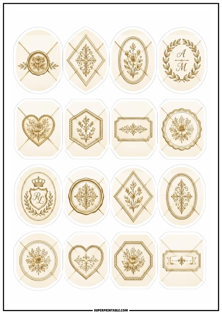 Vintage wedding seal stickers with floral emblems, monograms, ornate borders, and elegant stationery-inspired designs.