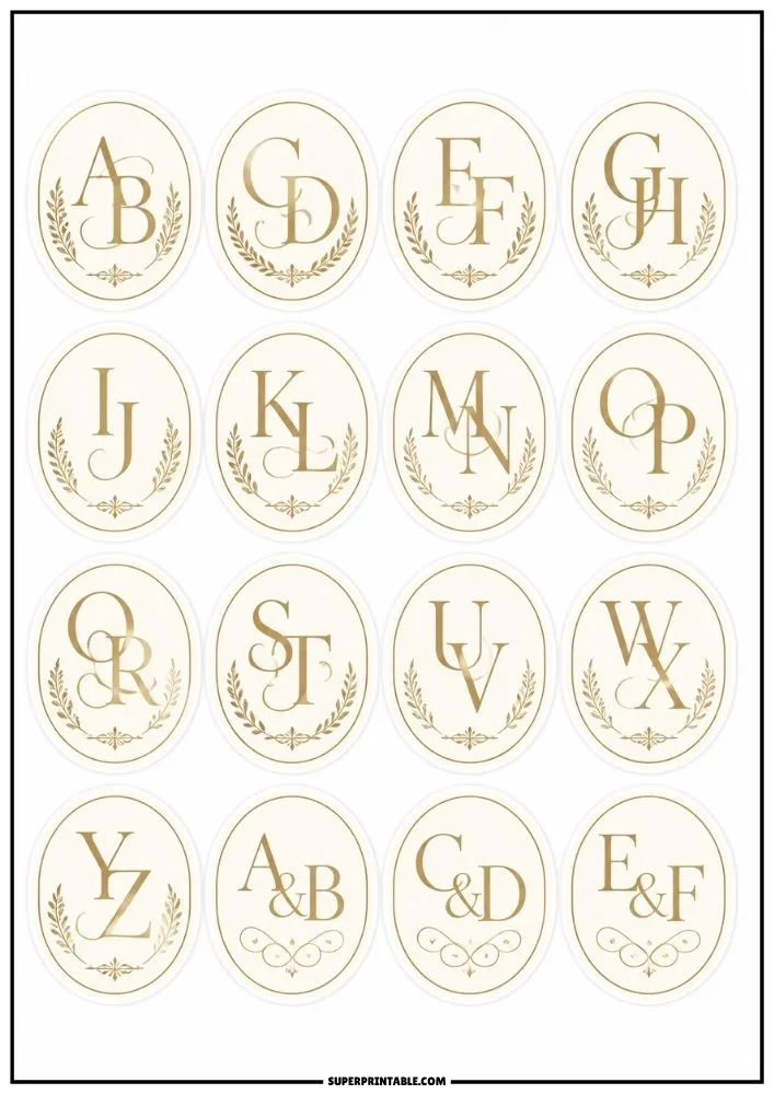 Couple monogram stickers featuring elegant letter combinations framed by decorative botanical wreaths.