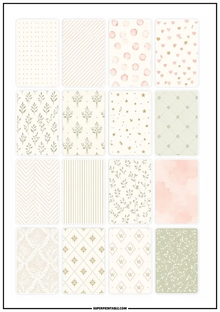 Pastel patterned card stickers featuring florals, stripes, lace, watercolor textures, stars, and decorative backgrounds.
