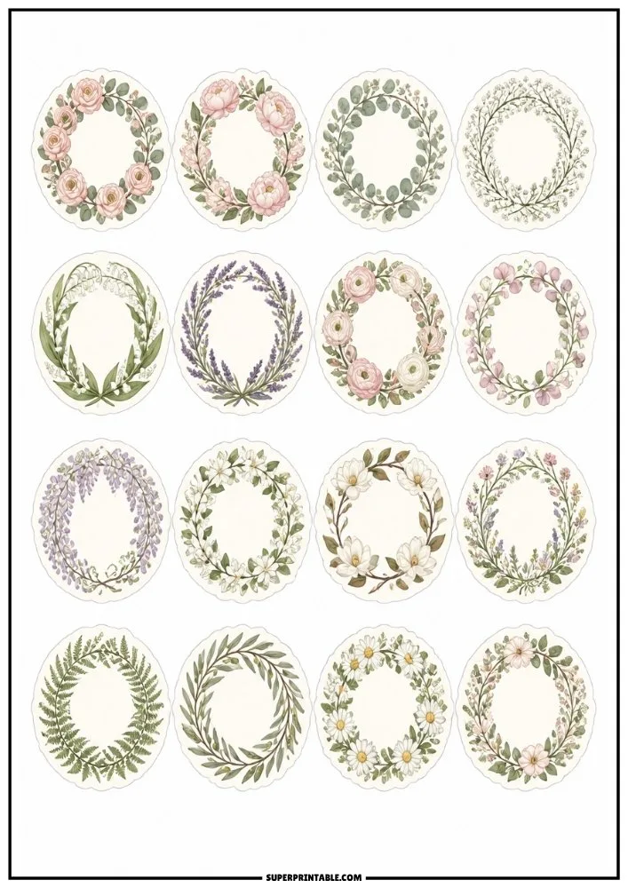 Floral wreath stickers featuring roses, lavender, eucalyptus, daisies, and botanical circular frames.