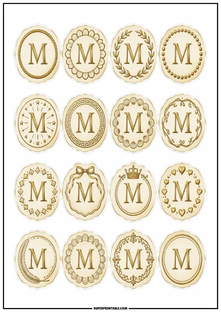 Decorative letter M monogram stickers with crowns, hearts, ribbons, floral borders, and elegant gold accents.