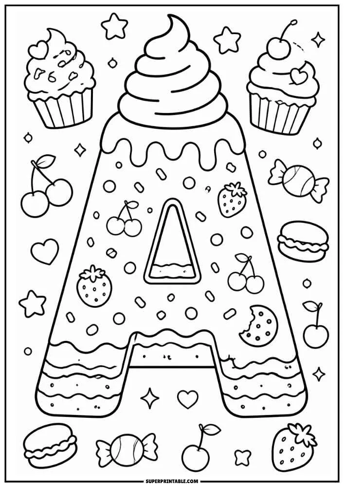 A black and white coloring page featuring the letter A as a frosted cake with whipped cream on top. Cupcakes, cherries, strawberries, candies, hearts, stars, and macarons surround the letter.