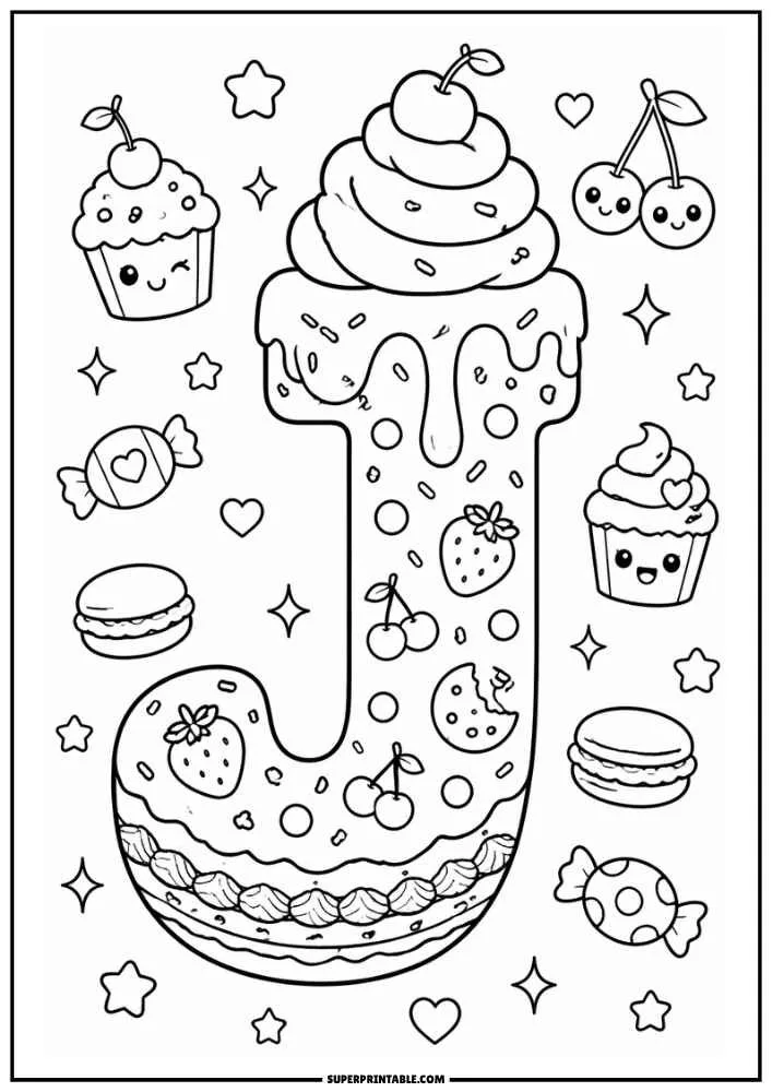 A black and white coloring page showing the letter J designed as a cake with frosting, cherries, strawberries, candies, cupcakes, cookies, hearts, and stars.