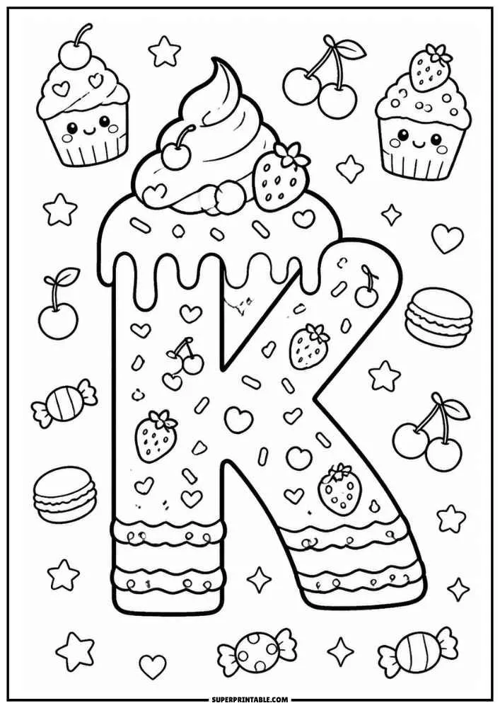 A black and white coloring page featuring the letter K as a frosted cake with cherries, strawberries, cupcakes, candies, macarons, hearts, and stars.