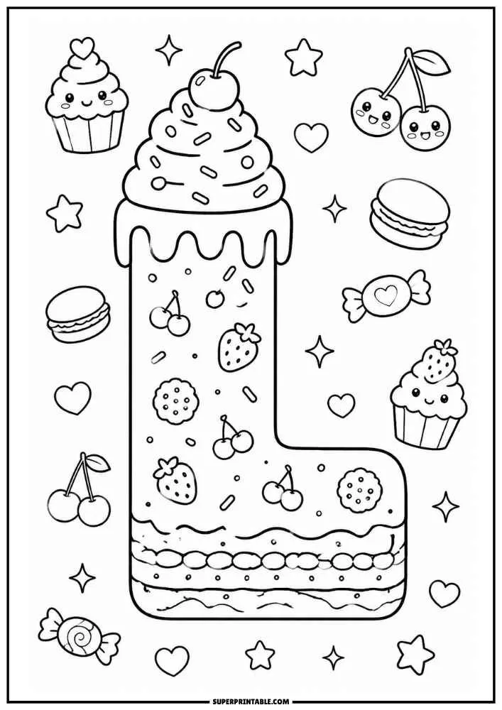 A black and white coloring page showing the letter L shaped like a cake with frosting, fruit toppings, cupcakes, candies, cookies, hearts, and stars.