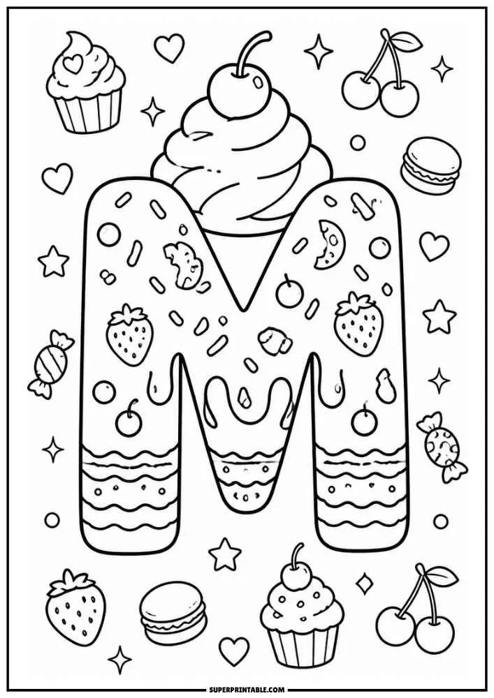 A black and white coloring page featuring the letter M designed as a frosted cake with whipped cream, strawberries, cherries, candies, cupcakes, and stars.