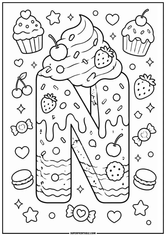 A black and white coloring page showing the letter N shaped like a cake with frosting, strawberries, cherries, candies, cupcakes, hearts, and stars.