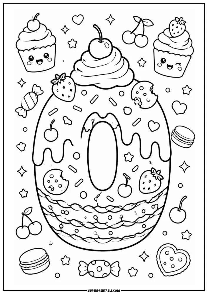 A black and white coloring page featuring the letter O as a frosted cake with whipped cream, strawberries, cherries, candies, cupcakes, cookies, and stars.