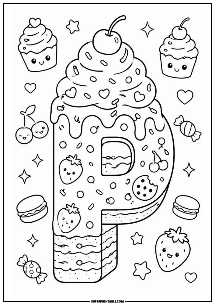 A black and white coloring page showing the letter P designed as a cake with frosting, strawberries, cherries, candies, cupcakes, hearts, stars, and cookies.