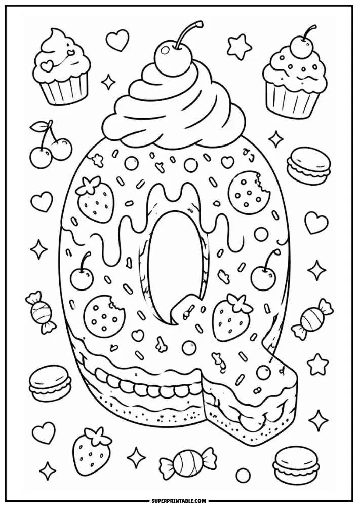 A black and white coloring page featuring the letter Q shaped like a frosted cake with cherries, strawberries, candies, cupcakes, cookies, hearts, and stars.