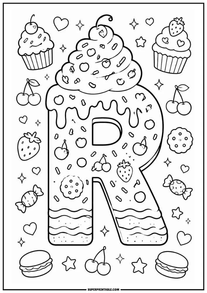 A black and white coloring page showing the letter R as a cake with whipped frosting, cherries, strawberries, candies, cupcakes, hearts, stars, and cookies.