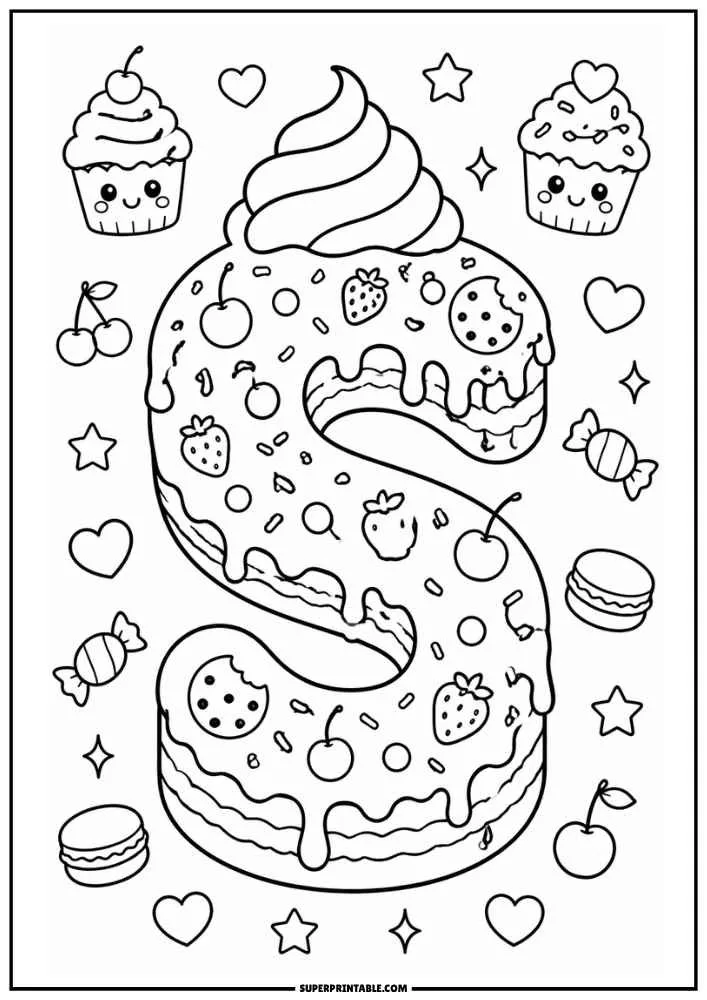 A black and white coloring page featuring the letter S designed as a frosted cake with strawberries, cherries, candies, cupcakes, hearts, stars, and macarons.