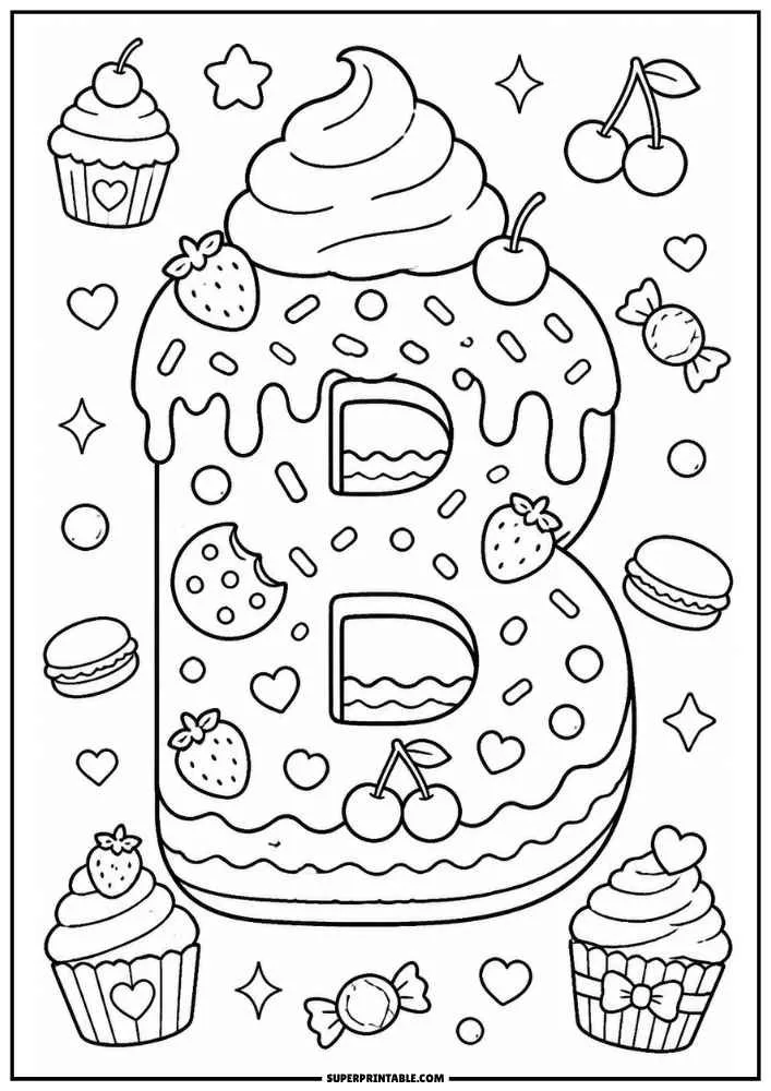 A black and white coloring page showing the letter B shaped like a cake with frosting, cherries, strawberries, cupcakes, cookies, hearts, stars, and candy decorations.