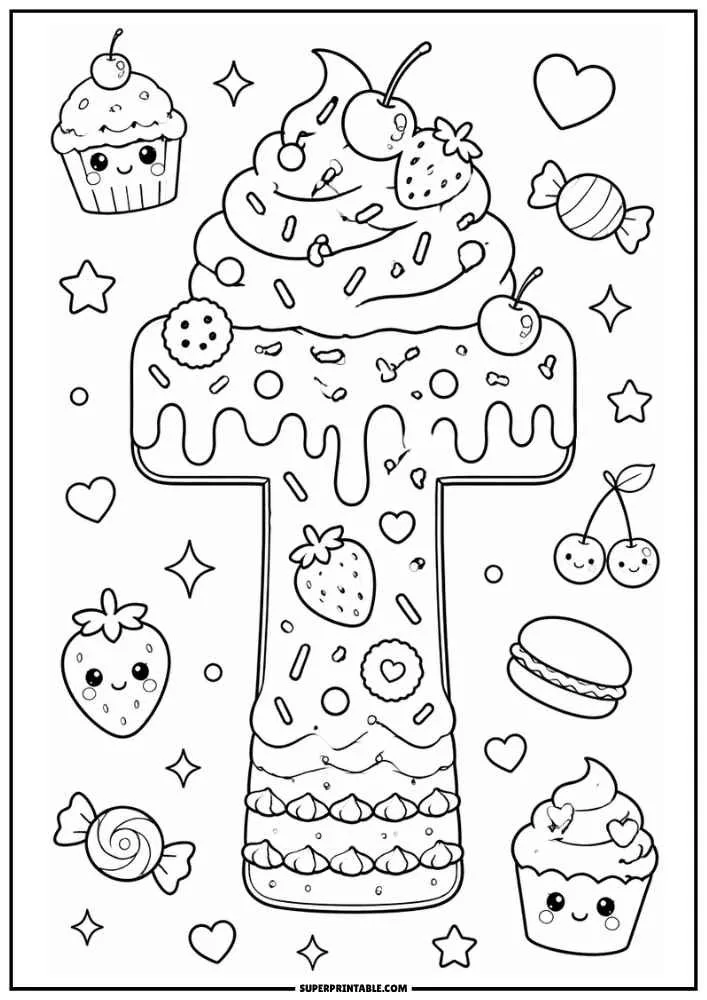 A black and white coloring page showing the letter T shaped like a cake with whipped cream, cherries, strawberries, candies, cupcakes, hearts, stars, and cookies.