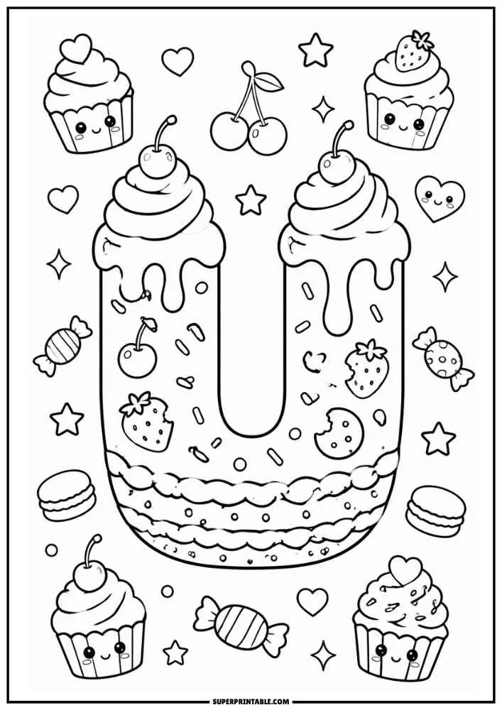 A black and white coloring page featuring the letter U as a cake with dripping frosting and whipped cream. Cupcakes, cherries, strawberries, candies, hearts, stars, and macarons surround the letter.