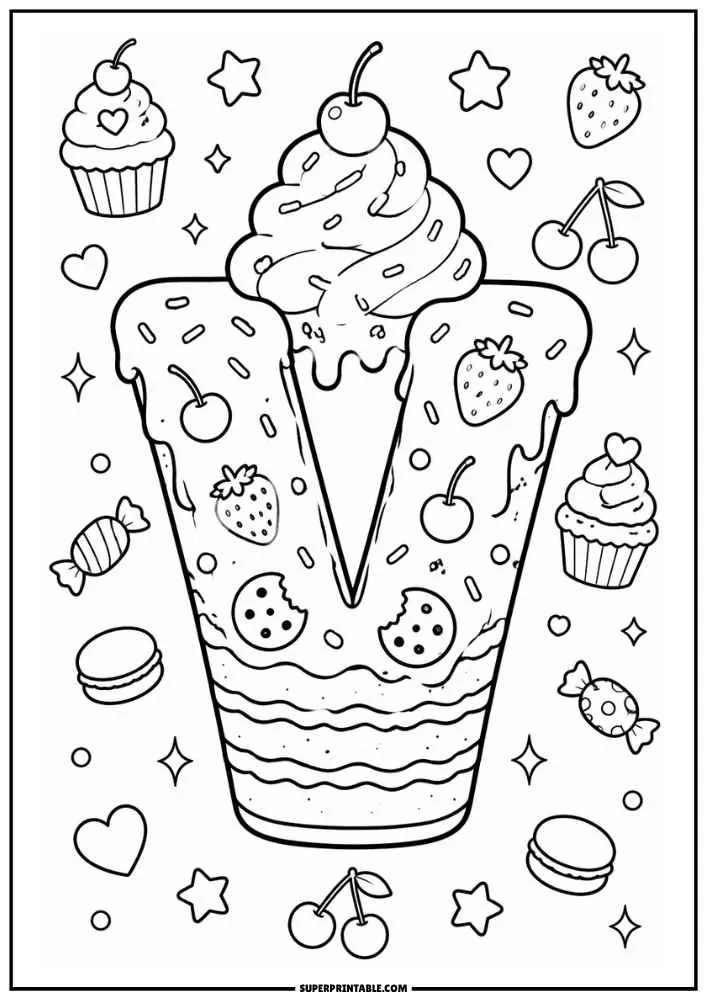 A black and white coloring page showing the letter V shaped like a frosted cake with whipped cream on top. Cherries, strawberries, cupcakes, candies, hearts, stars, cookies, and macarons decorate the page.