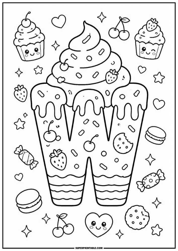 A black and white coloring page featuring the letter W designed as a frosted cake. It includes whipped cream, cherries, strawberries, cupcakes, candies, cookies, hearts, and stars.