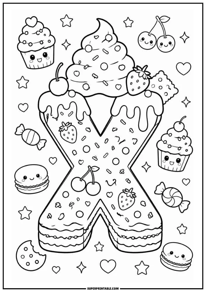 A black and white coloring page showing the letter X shaped like a cake with dripping frosting and whipped cream. Cherries, strawberries, cupcakes, candies, cookies, hearts, stars, and macarons surround it.